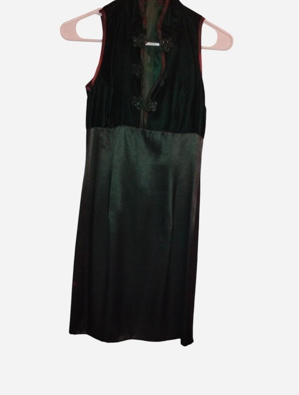 Vintage 70s Zum Zum Emerald Green Velvet Satin Mandarin Collar Dress Size XS